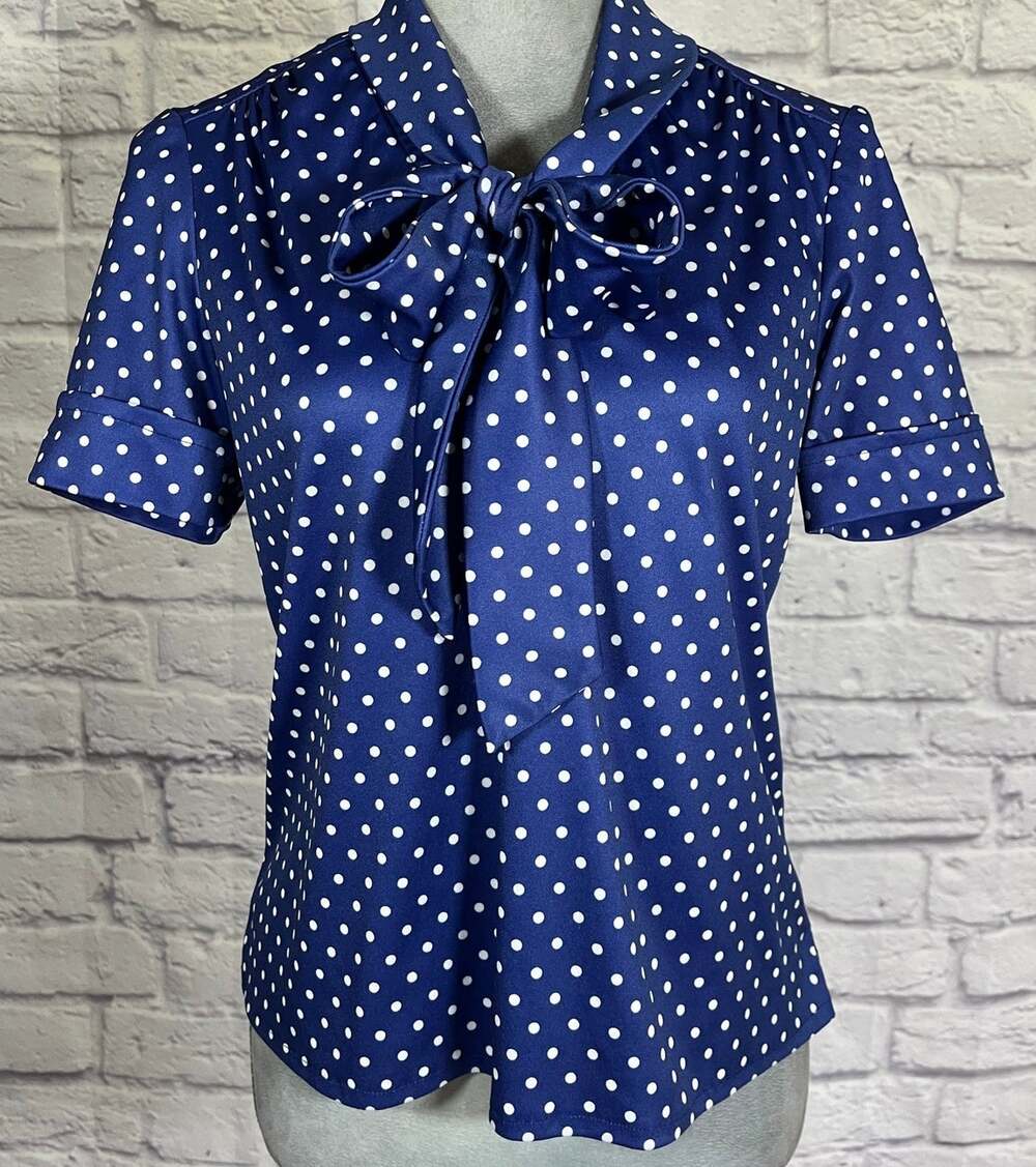 Vintage 70's Amy-Deb Adorable Blue & White Polka Dot Neck Bow Blouse